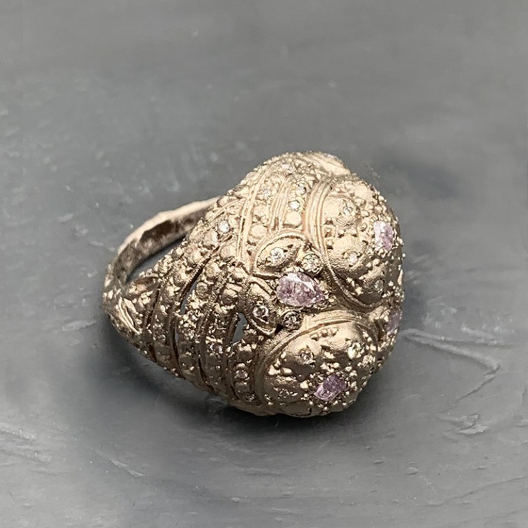 Bague Boule Or gris Diamants roses